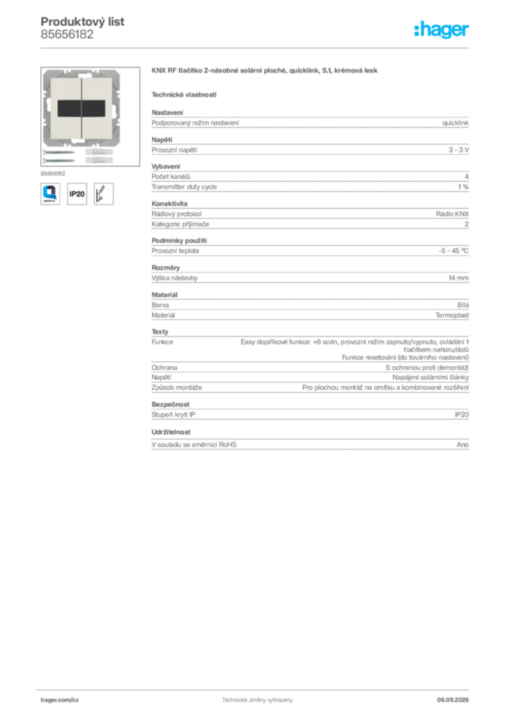 Obrázek Hager Produktový list 85656182 | Hager