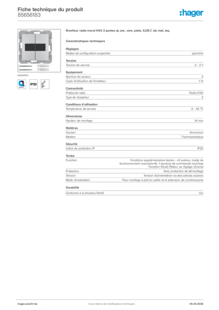 Image Hager Fiche technique du produit 85656183 | Hager Belgique