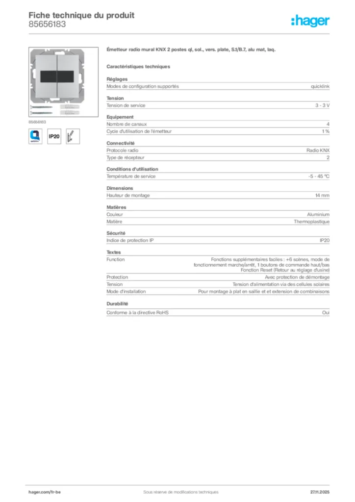 Image Hager Fiche technique du produit 85656183 | Hager Belgique