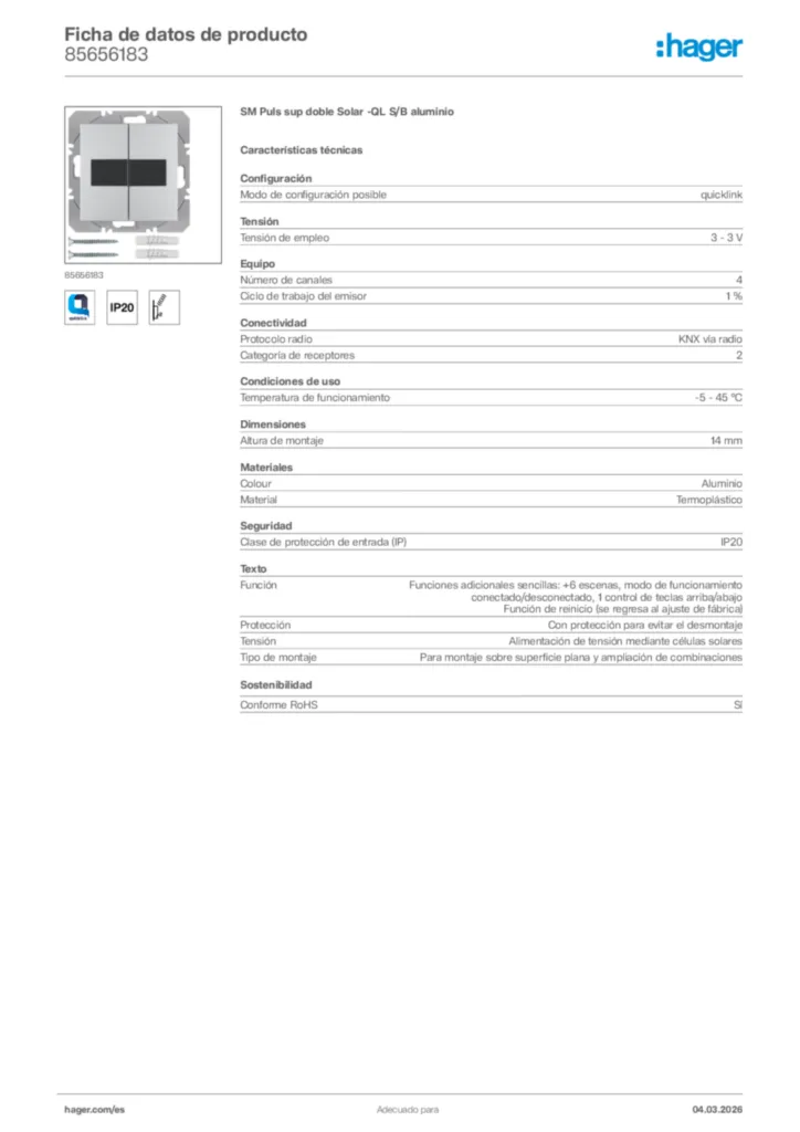 Imagen Hager Ficha de datos de producto 85656183 | Hager España