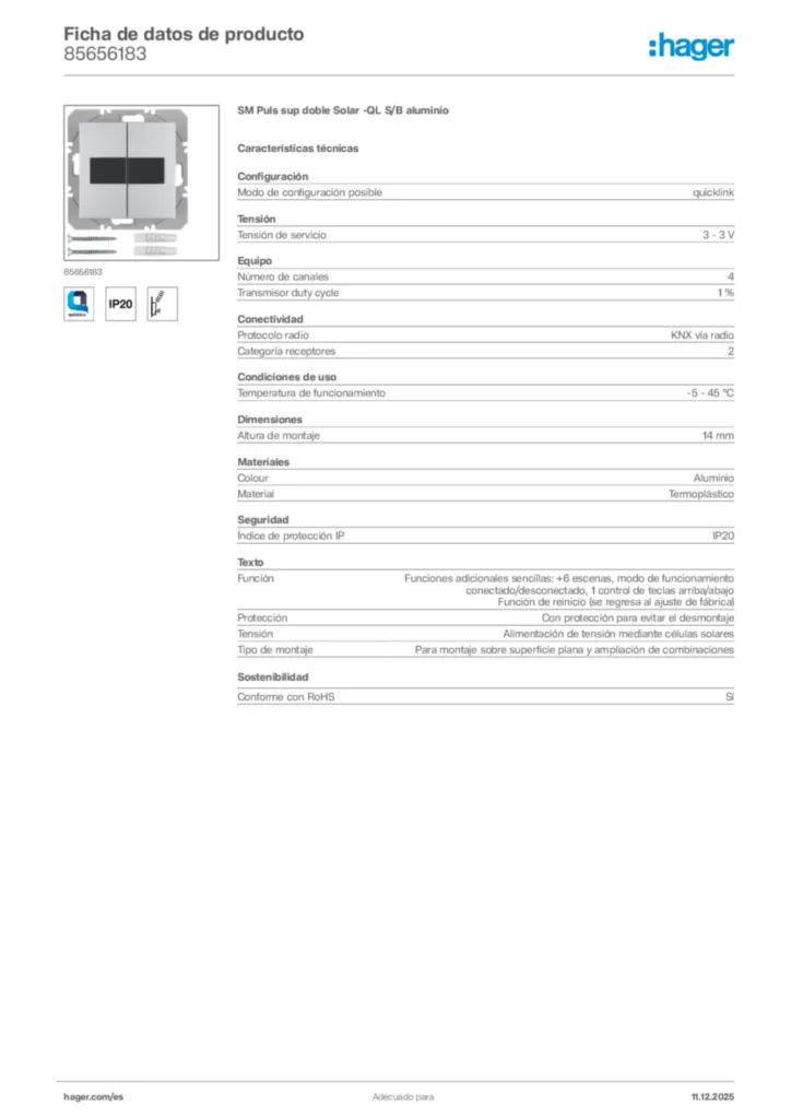 Imagen Hager Ficha de datos de producto 85656183 | Hager España