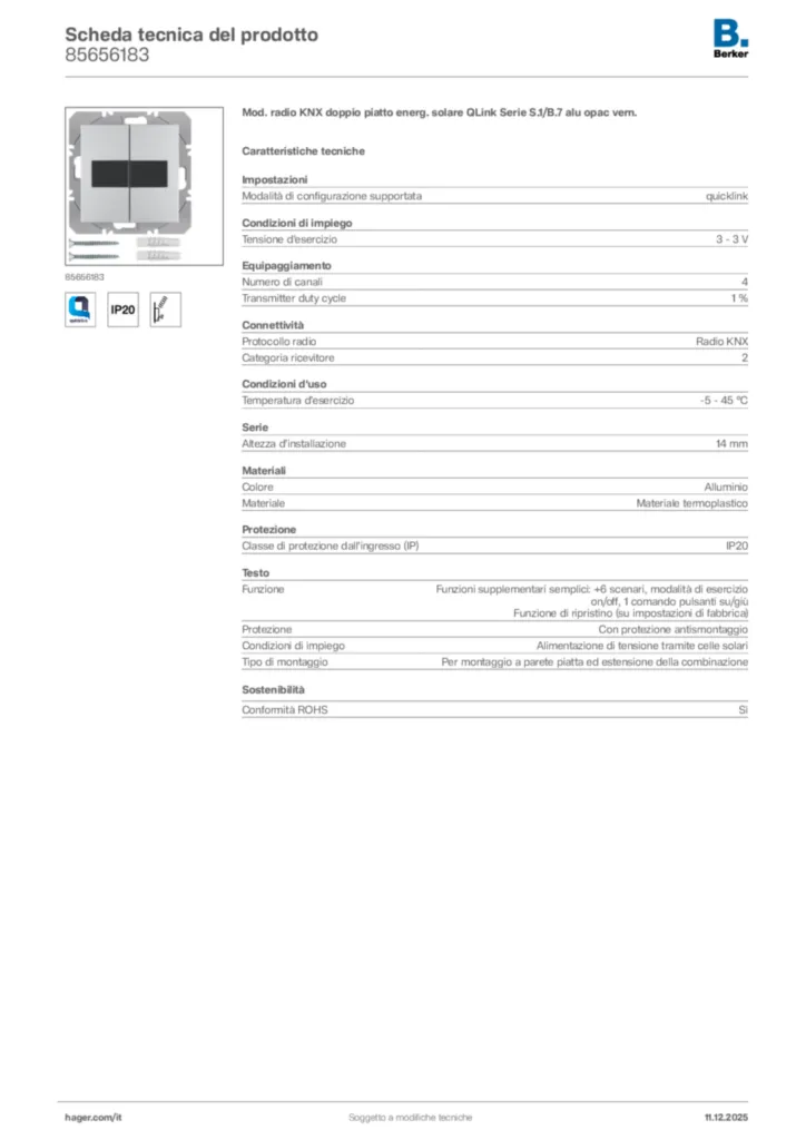 Immagine Berker Scheda tecnica del prodotto 85656183 | Hager Italia