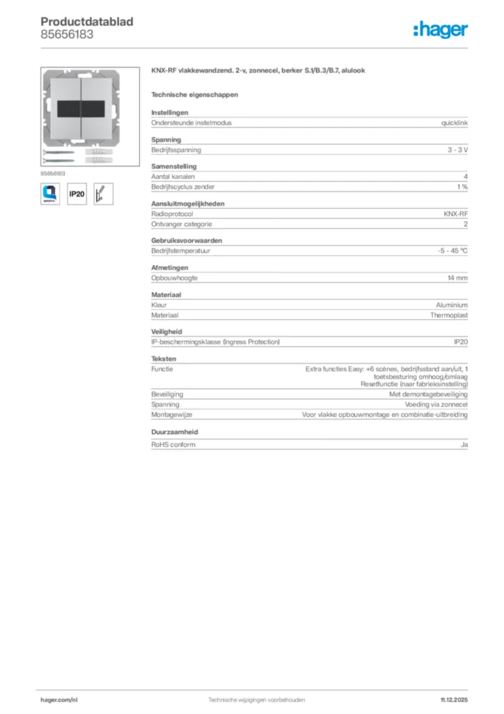 Afbeelding Hager Productdatablad 85656183 | Hager Nederland