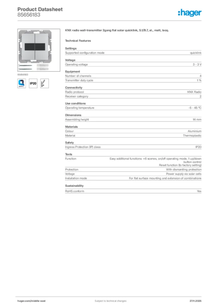 Image Hager Product data sheet 85656183  | Hager