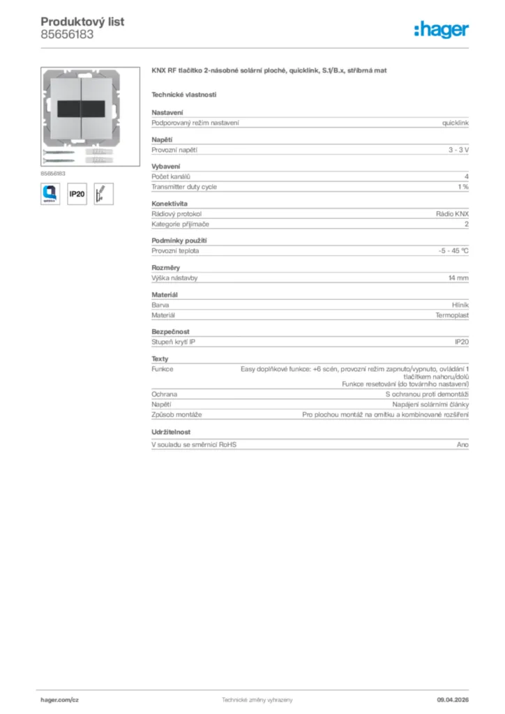 Obrázek Hager Product data sheet 85656183 | Hager