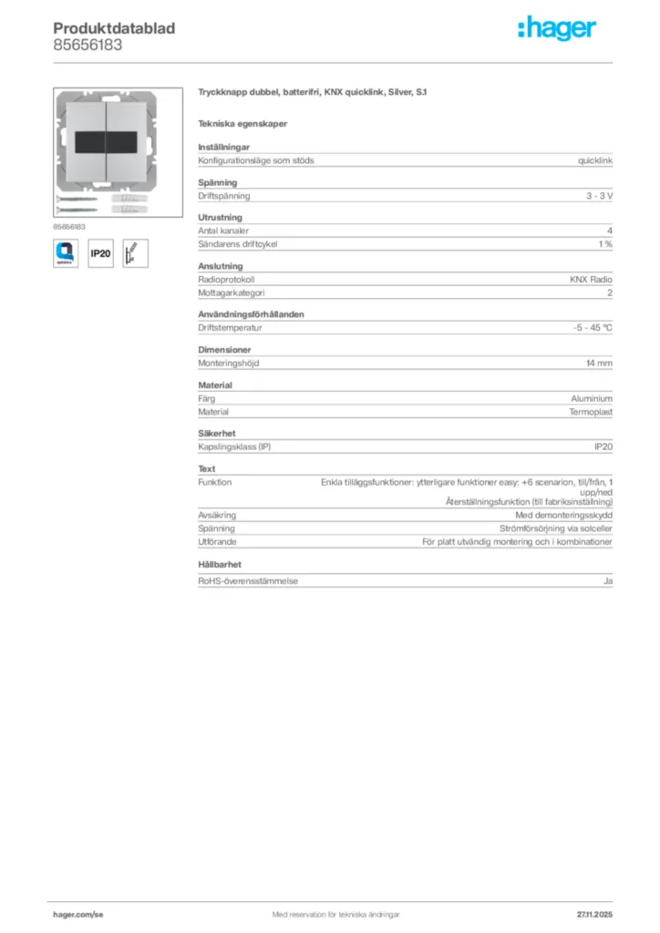 Bild Hager Produktdatablad 85656183 | Hager Sverige