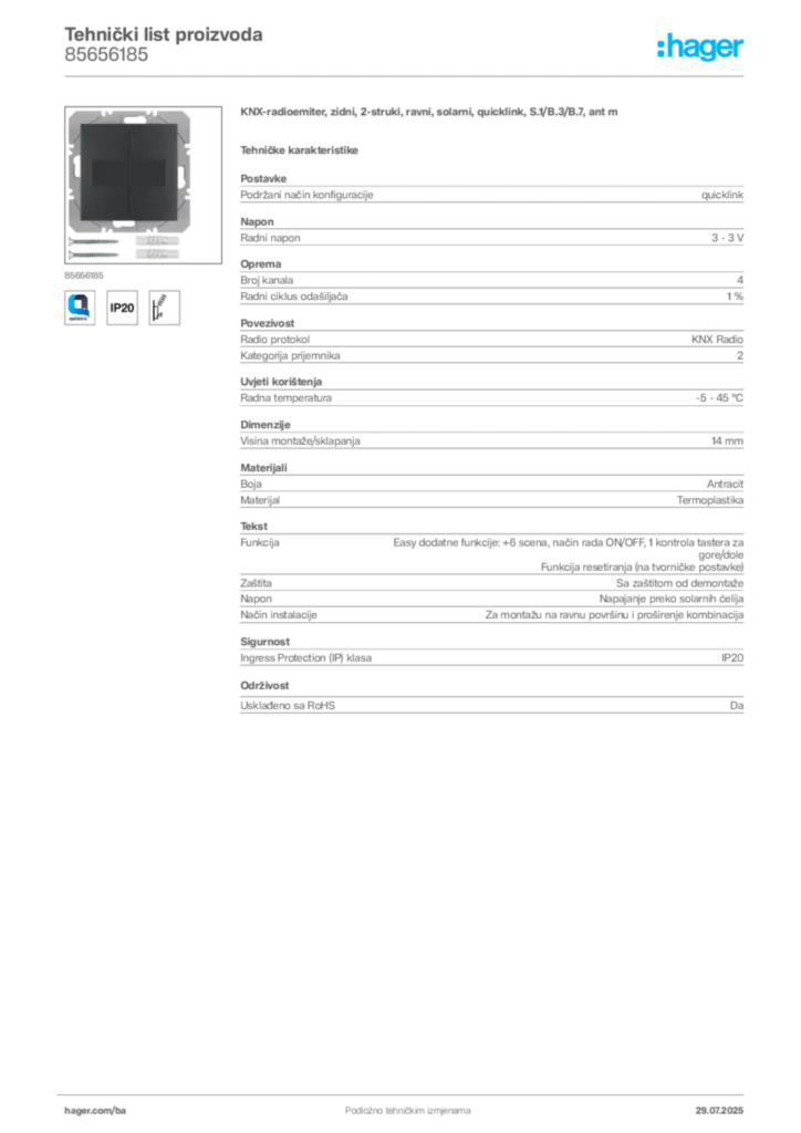 Slika Hager Product data sheet 85656185  | Hager