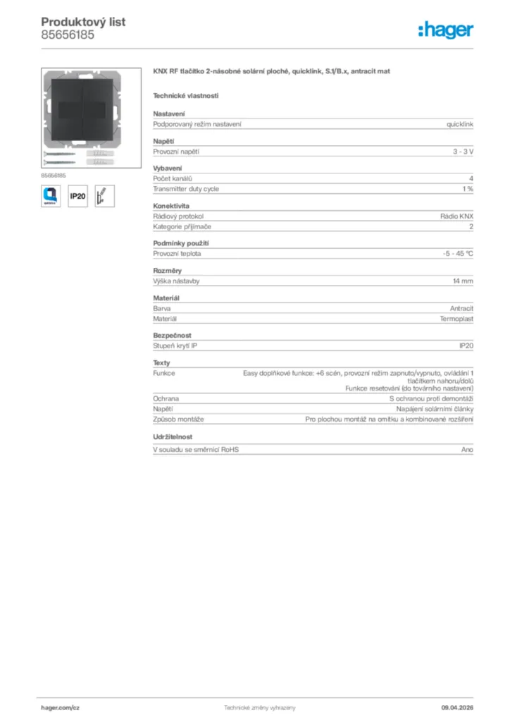 Obrázek Hager Product data sheet 85656185 | Hager