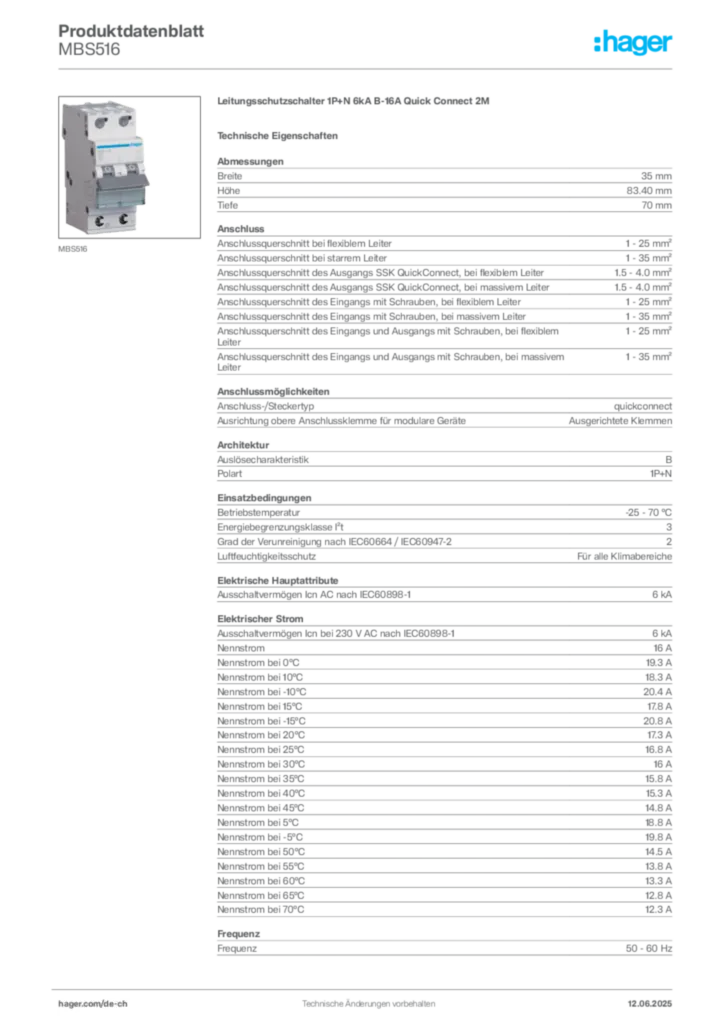 Bild Hager Produktdatenblatt MBS516 | Hager Schweiz