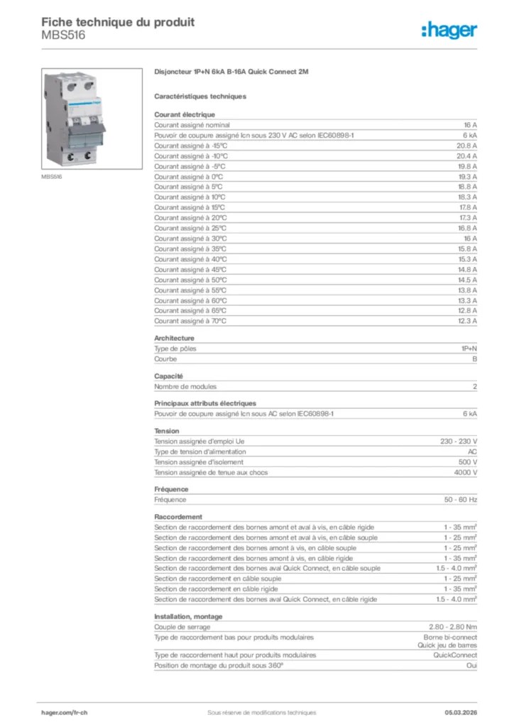 Image Hager Fiche technique du produit MBS516 | Hager Suisse