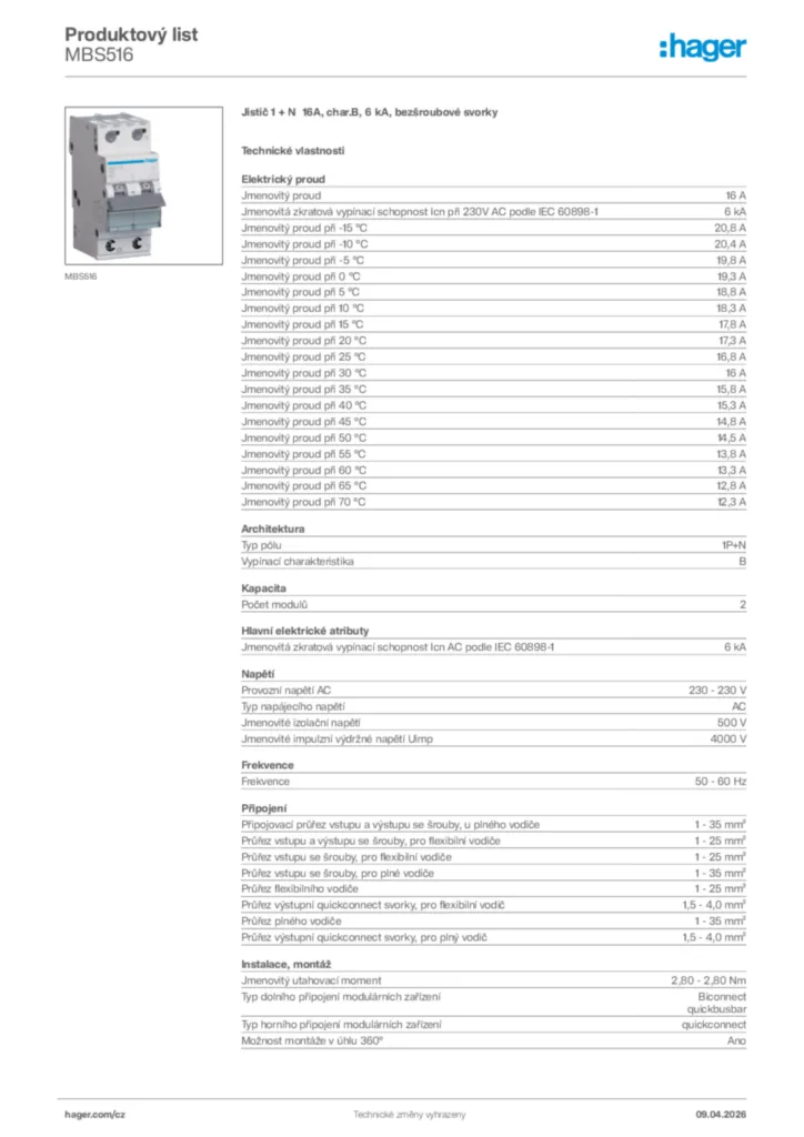 Obrázek Hager Product data sheet MBS516 | Hager