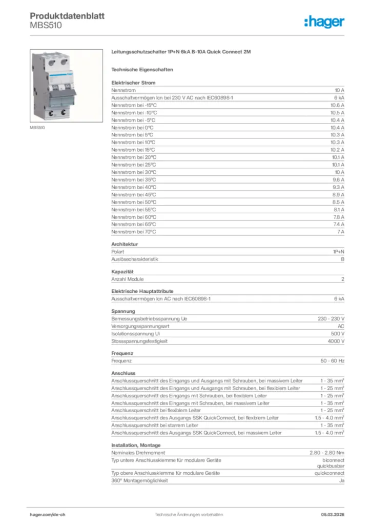 Bild Hager Produktdatenblatt MBS510 | Hager Schweiz