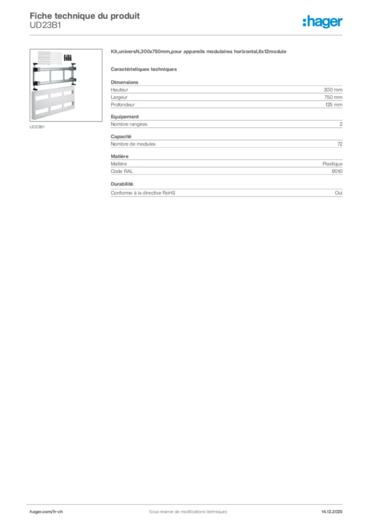 Image Hager Fiche technique du produit UD23B1 | Hager Suisse