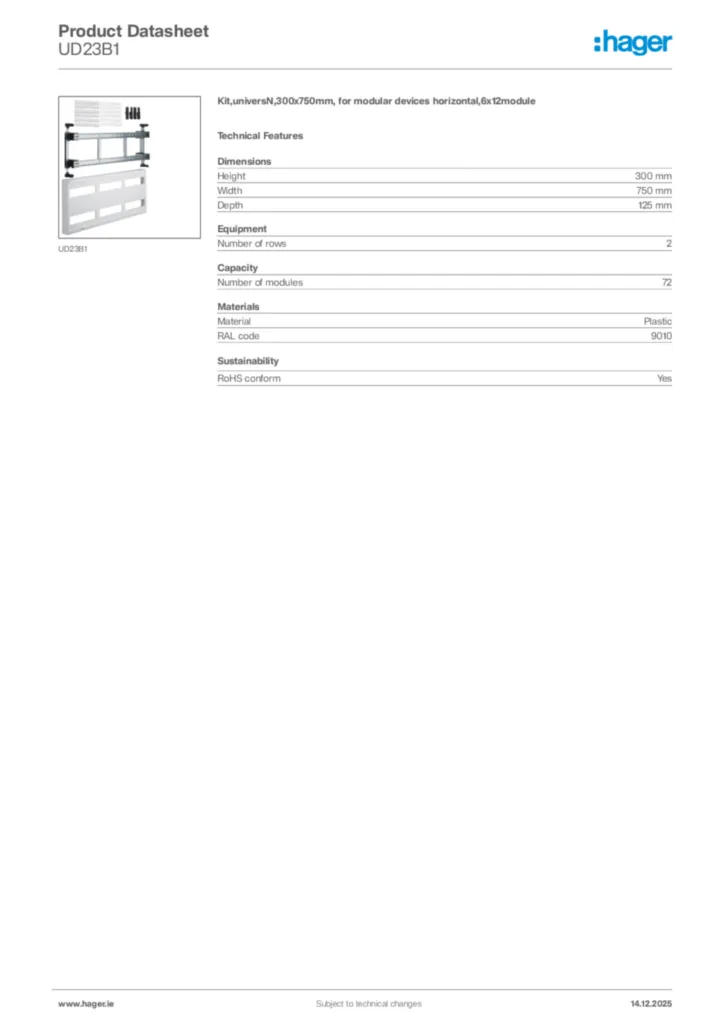 Image Hager Product data sheet UD23B1  | Hager