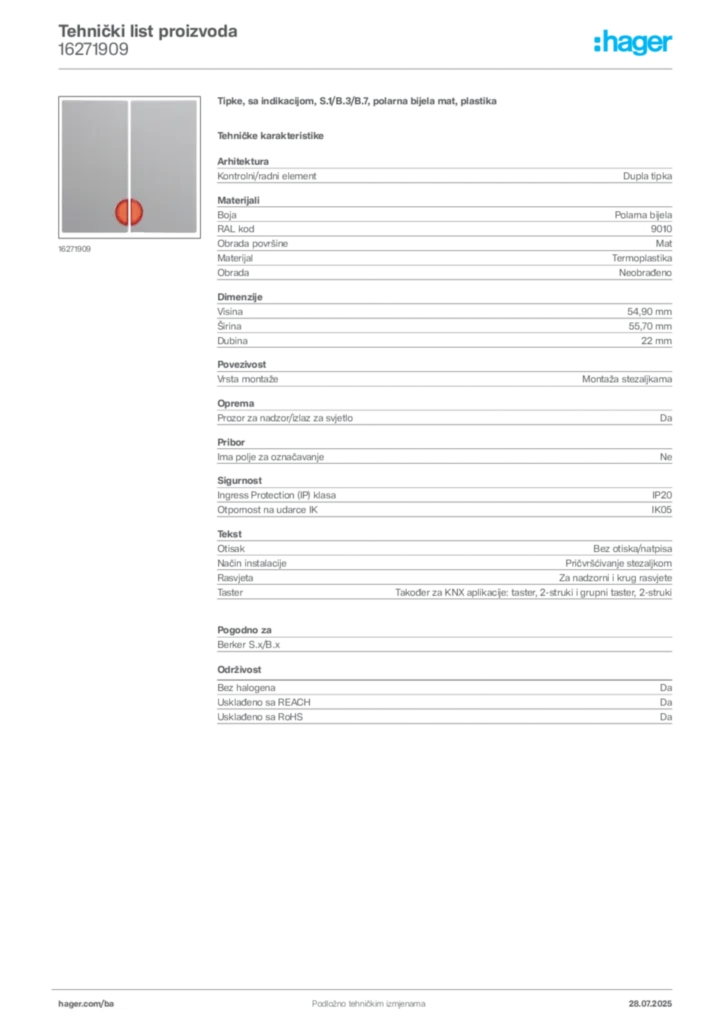 Slika Hager Product data sheet 16271909  | Hager