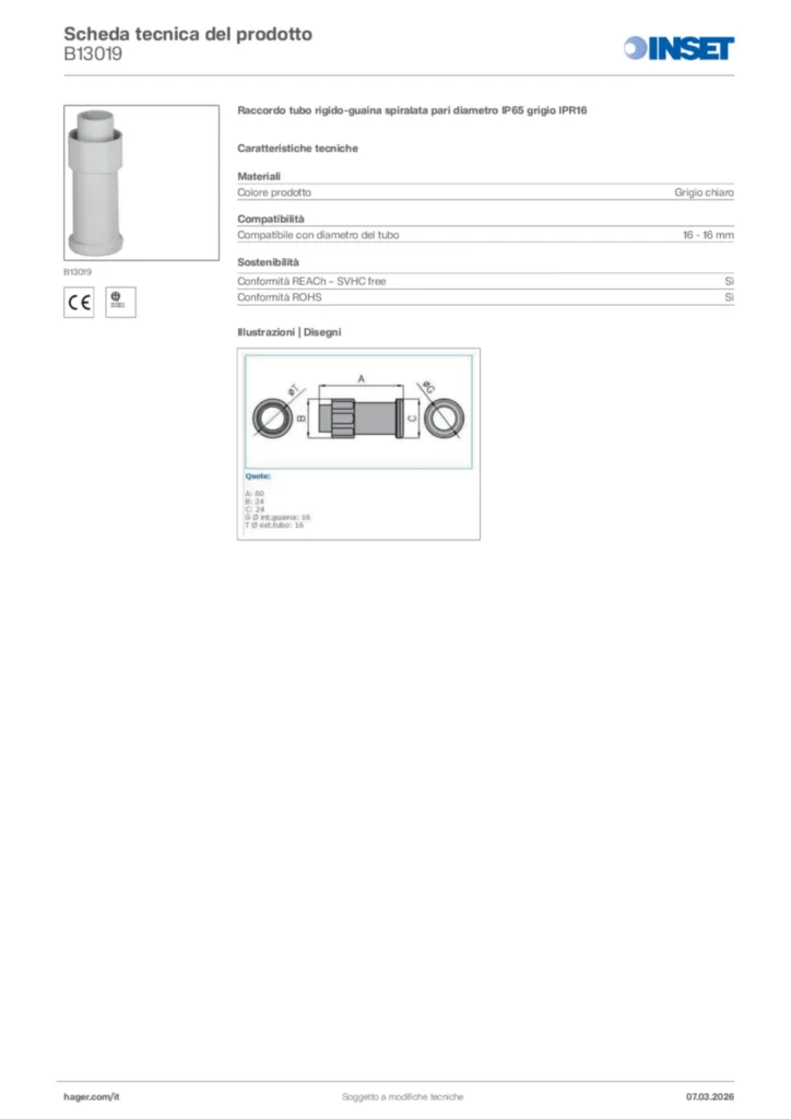 Immagine Inset Scheda tecnica del prodotto B13019 | Hager Italia