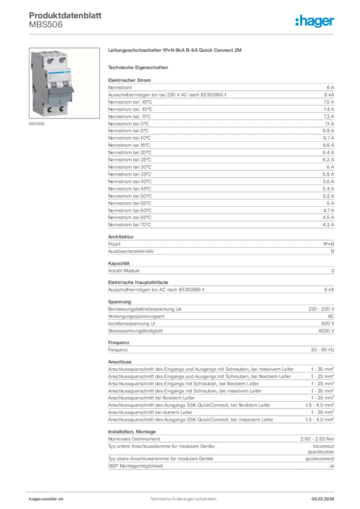 Bild Hager Produktdatenblatt MBS506 | Hager Schweiz