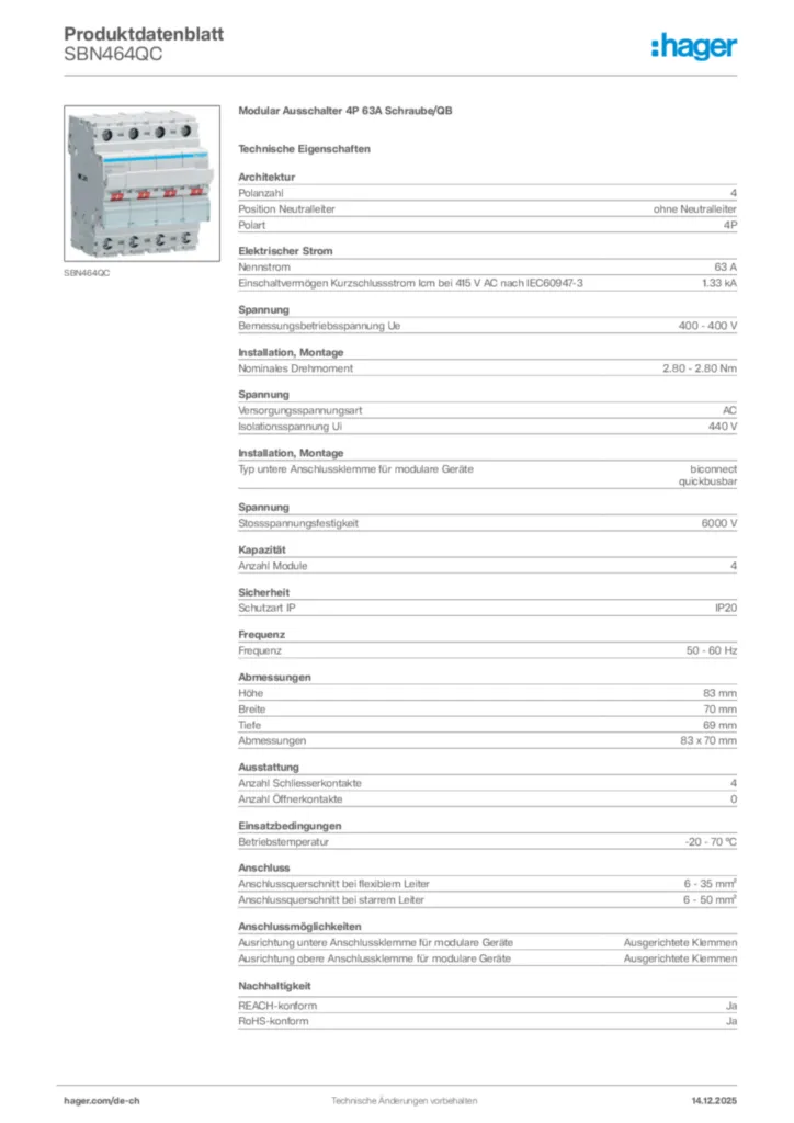 Bild Hager Produktdatenblatt SBN464QC | Hager Schweiz