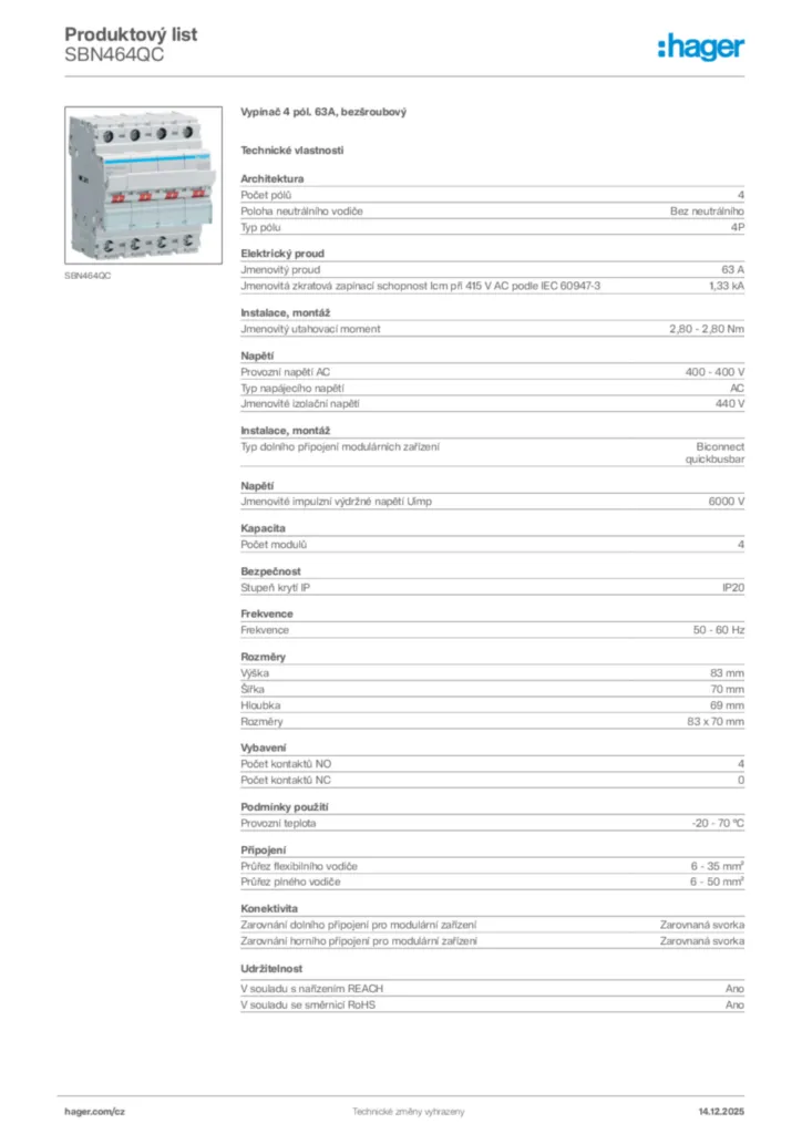 Obrázek Hager Produktový list SBN464QC | Hager