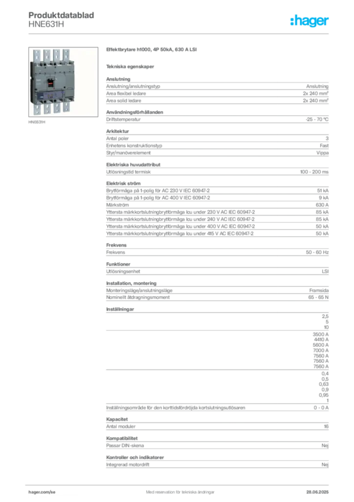 Bild Hager Produktdatablad HNE631H | Hager Sverige
