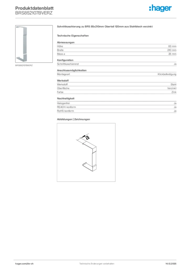 Bild Hager Produktdatenblatt BRS852107BVERZ | Hager Schweiz