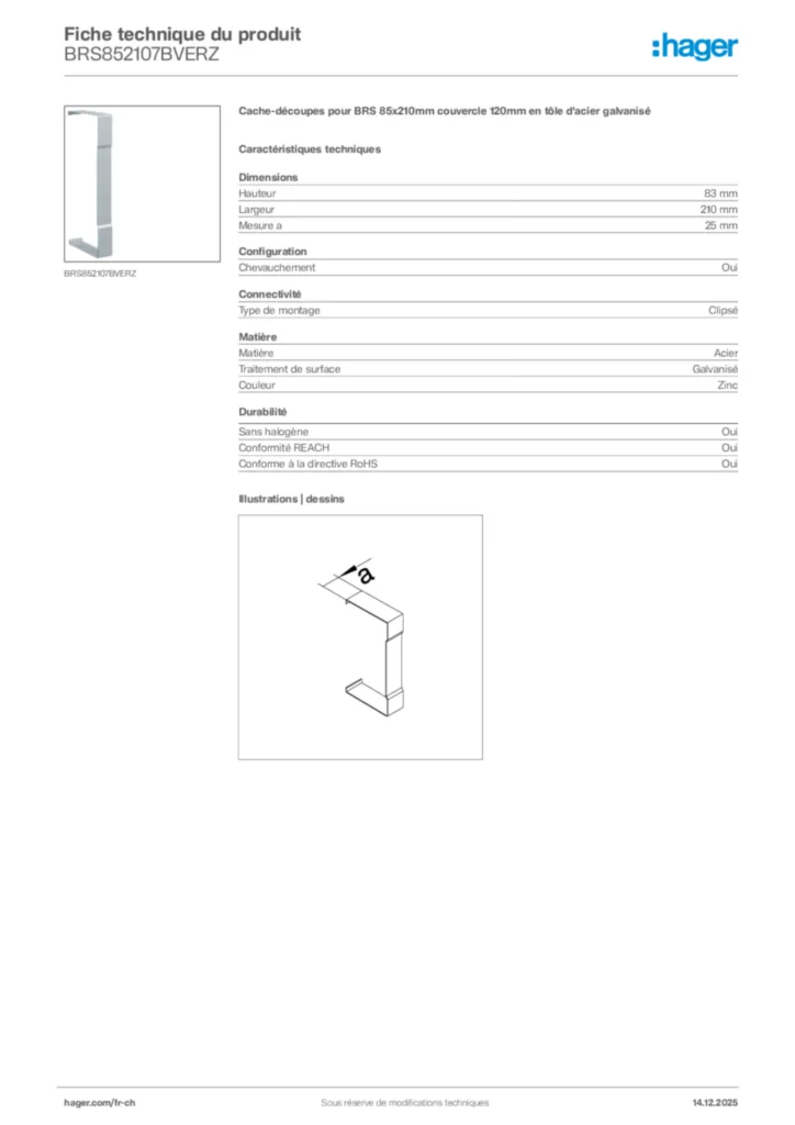 Image Hager Fiche technique du produit BRS852107BVERZ | Hager Suisse