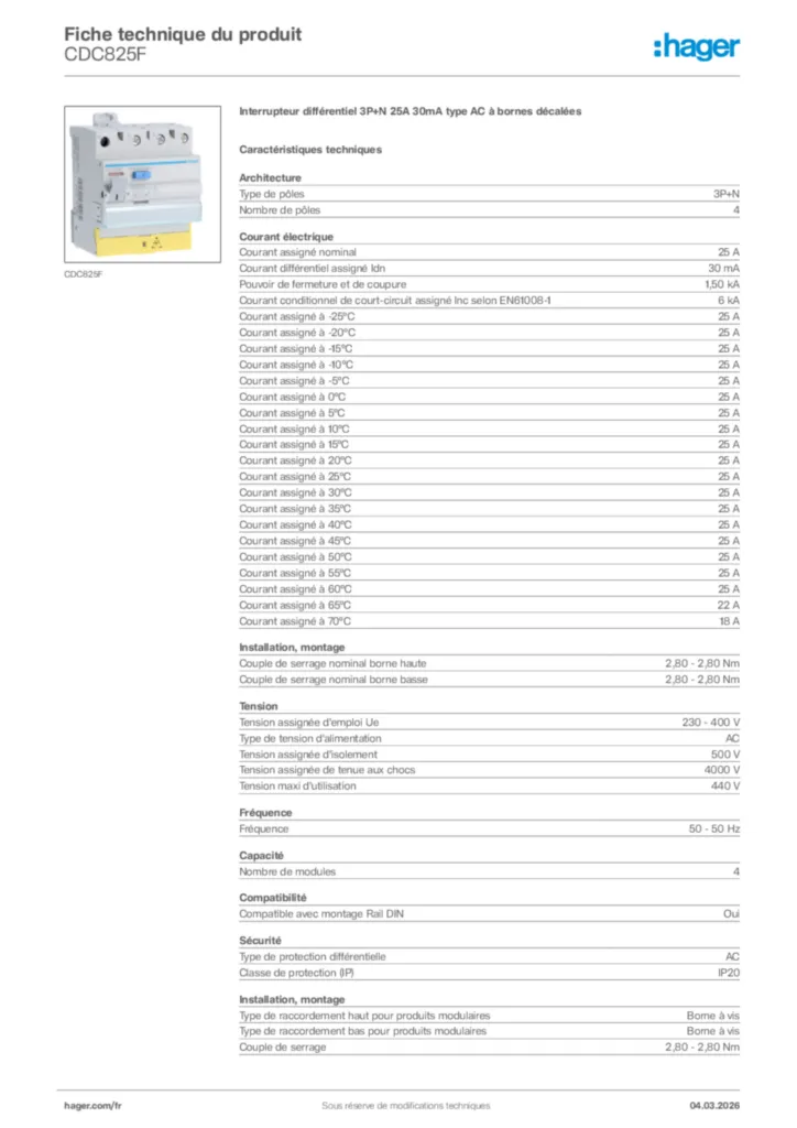 Image Hager Fiche technique du produit CDC825F | Hager France