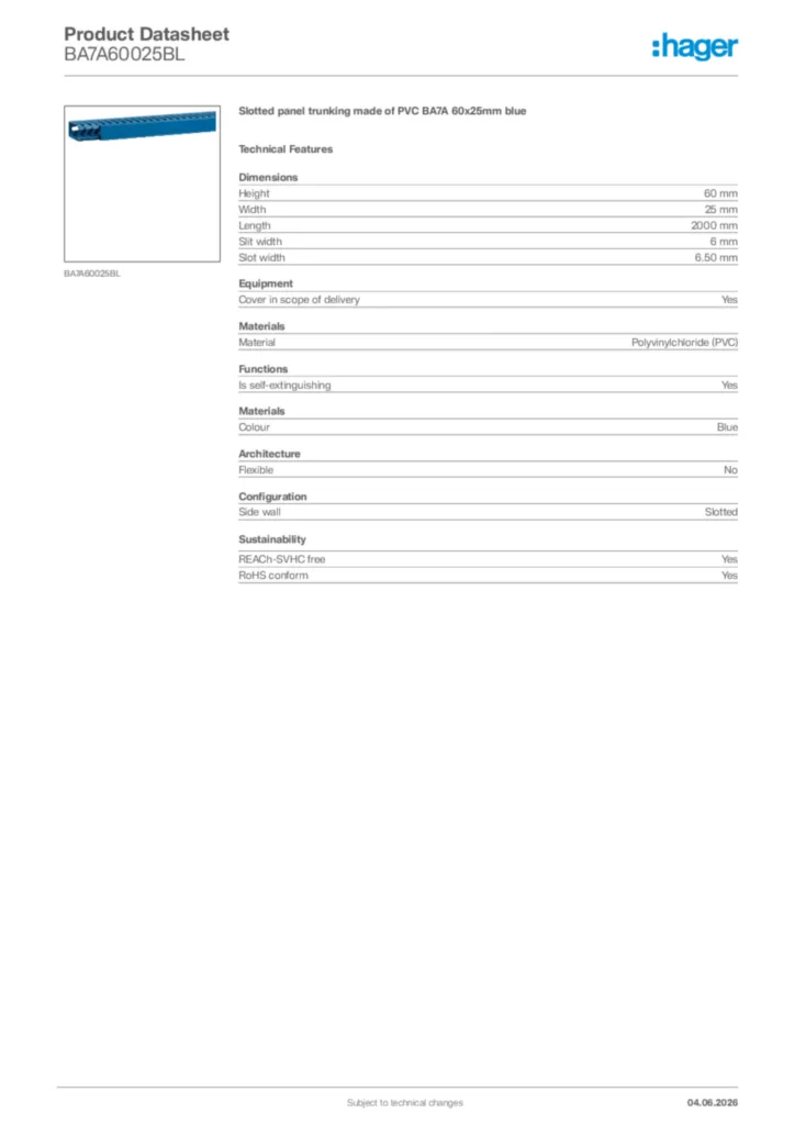 Image Hager Product data sheet BA7A60025BL  | Hager Africa