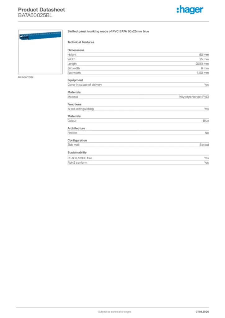 Image Hager Product data sheet BA7A60025BL  | Hager Africa