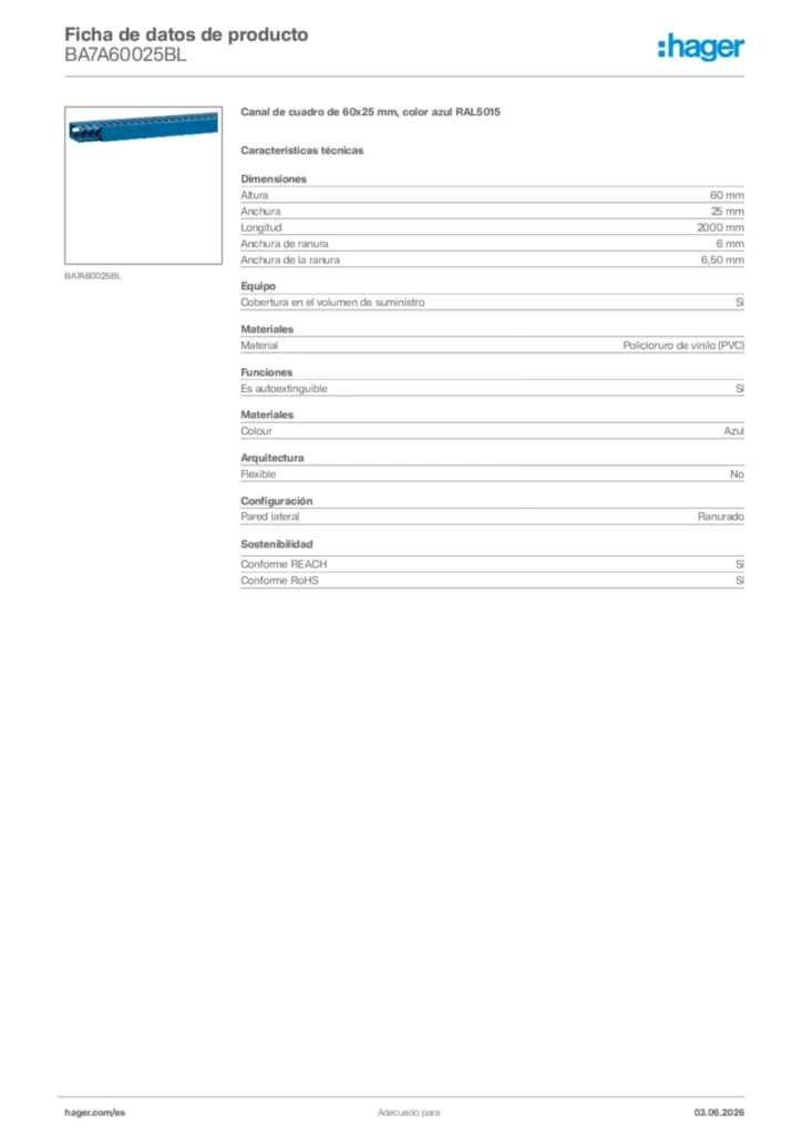 Imagen Hager Ficha de datos de producto BA7A60025BL | Hager España
