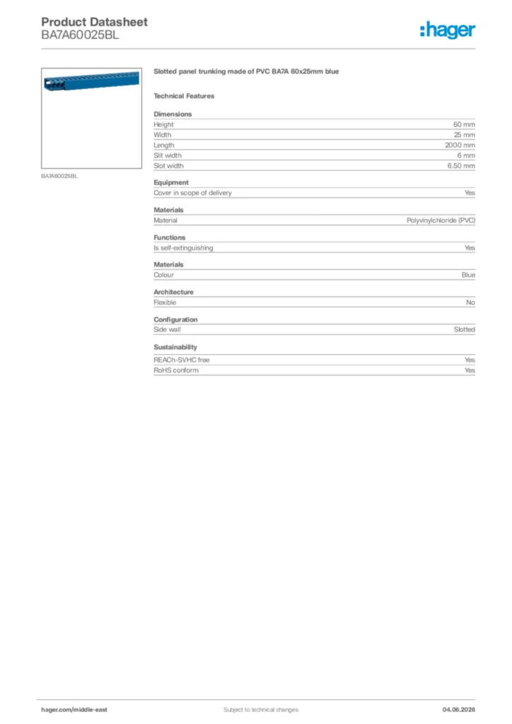 Image Hager Product data sheet BA7A60025BL  | Hager