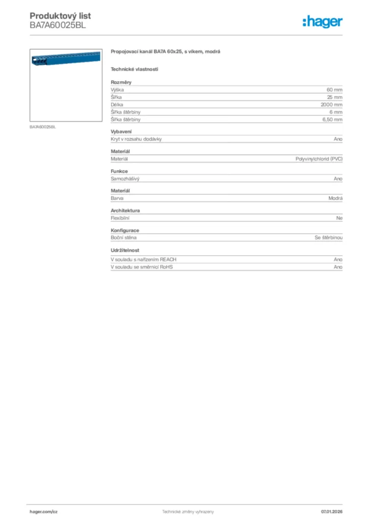 Obrázek Hager Product data sheet BA7A60025BL | Hager