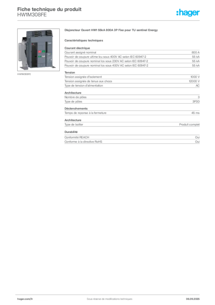 Image Hager Fiche technique du produit HW1M308FE | Hager France