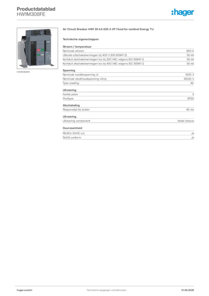 Afbeelding Hager Productdatablad HW1M308FE | Hager Nederland
