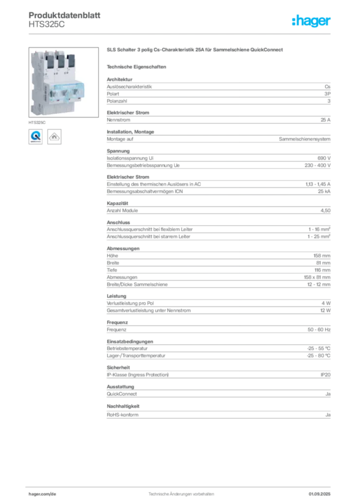 Bild Hager Produktdatenblatt HTS325C | Hager Deutschland