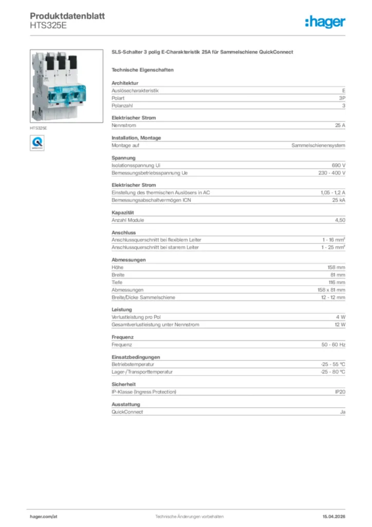 Bild Hager Produktdatenblatt HTS325E | Hager Deutschland