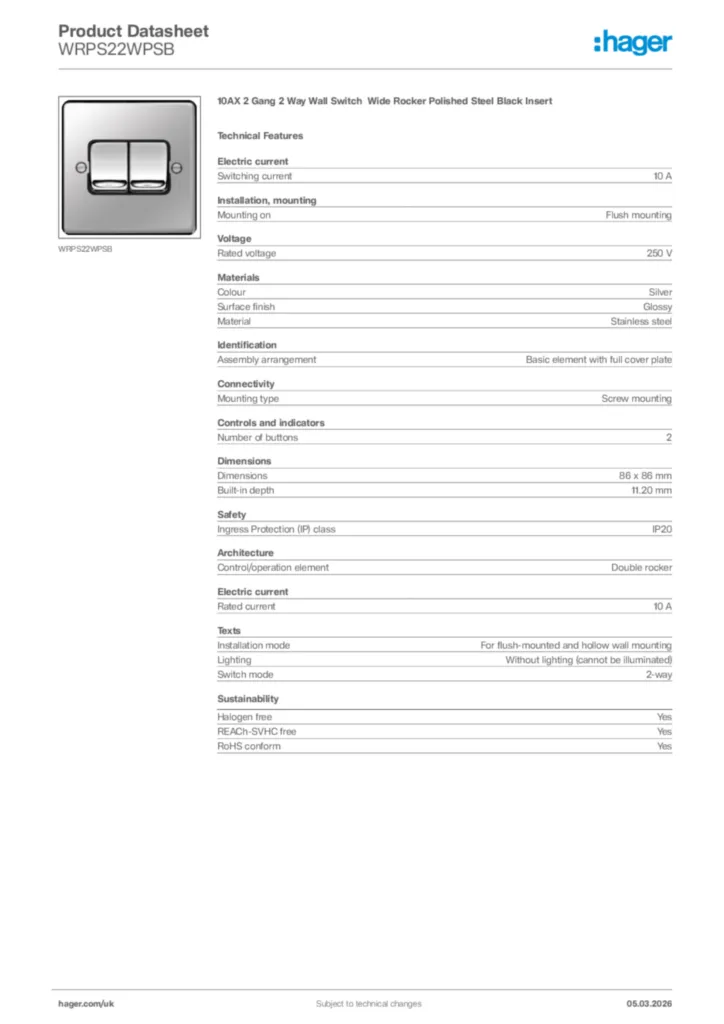 Image Hager Product data sheet WRPS22WPSB  | Hager