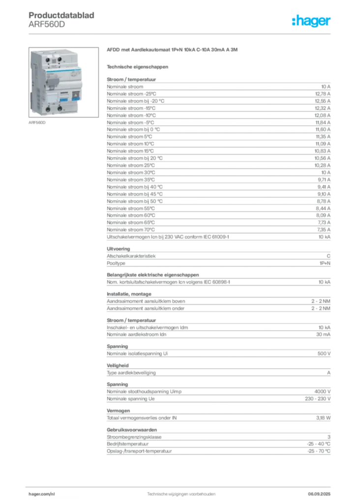 Afbeelding Hager Productdatablad ARF560D | Hager Nederland
