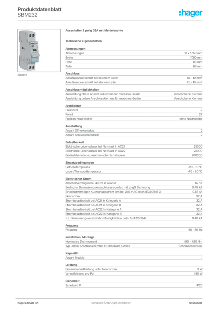 Bild Hager Produktdatenblatt SBM232 | Hager Schweiz