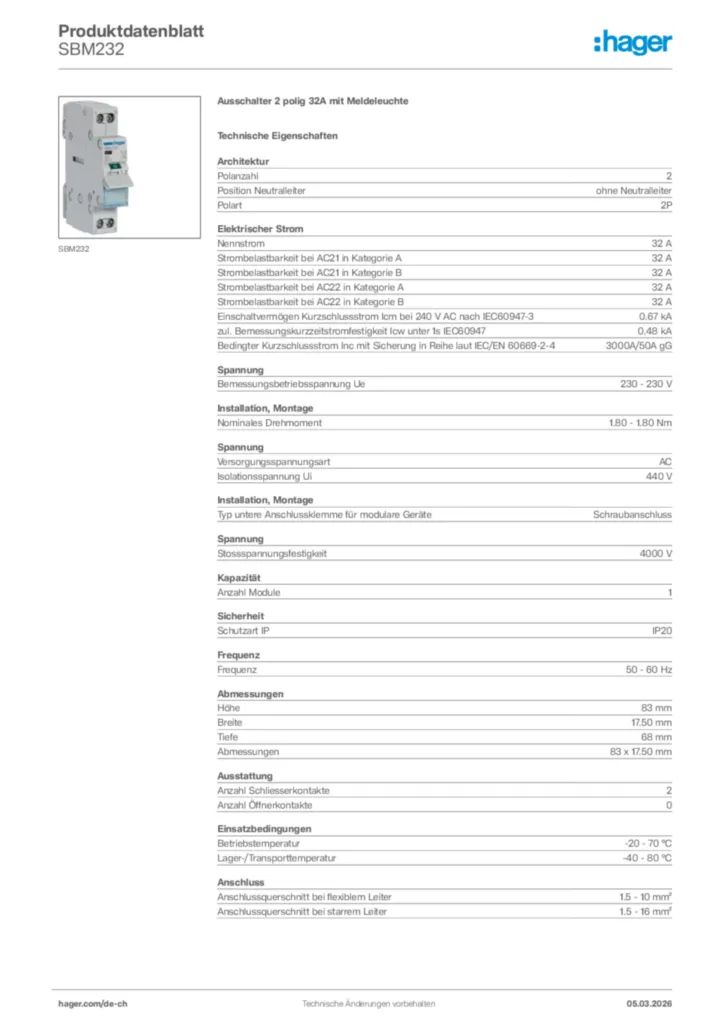 Bild Hager Produktdatenblatt SBM232 | Hager Schweiz