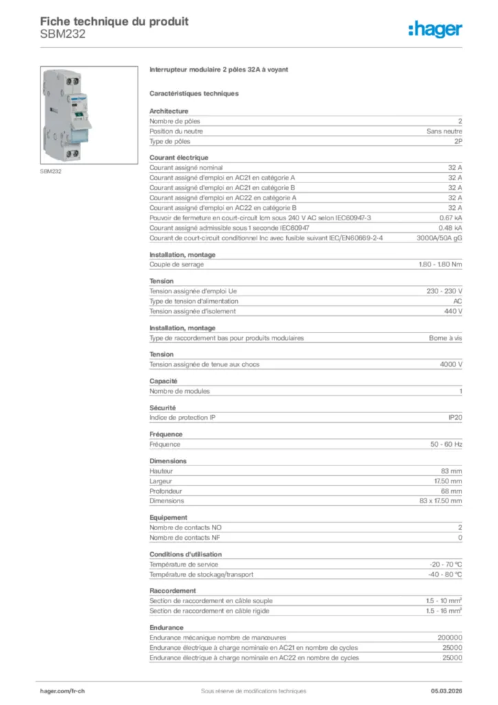 Image Hager Fiche technique du produit SBM232 | Hager Suisse