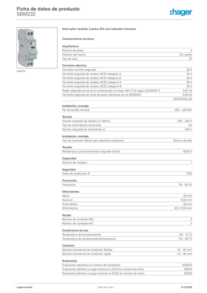 Imagen Hager Ficha de datos de producto SBM232 | Hager España