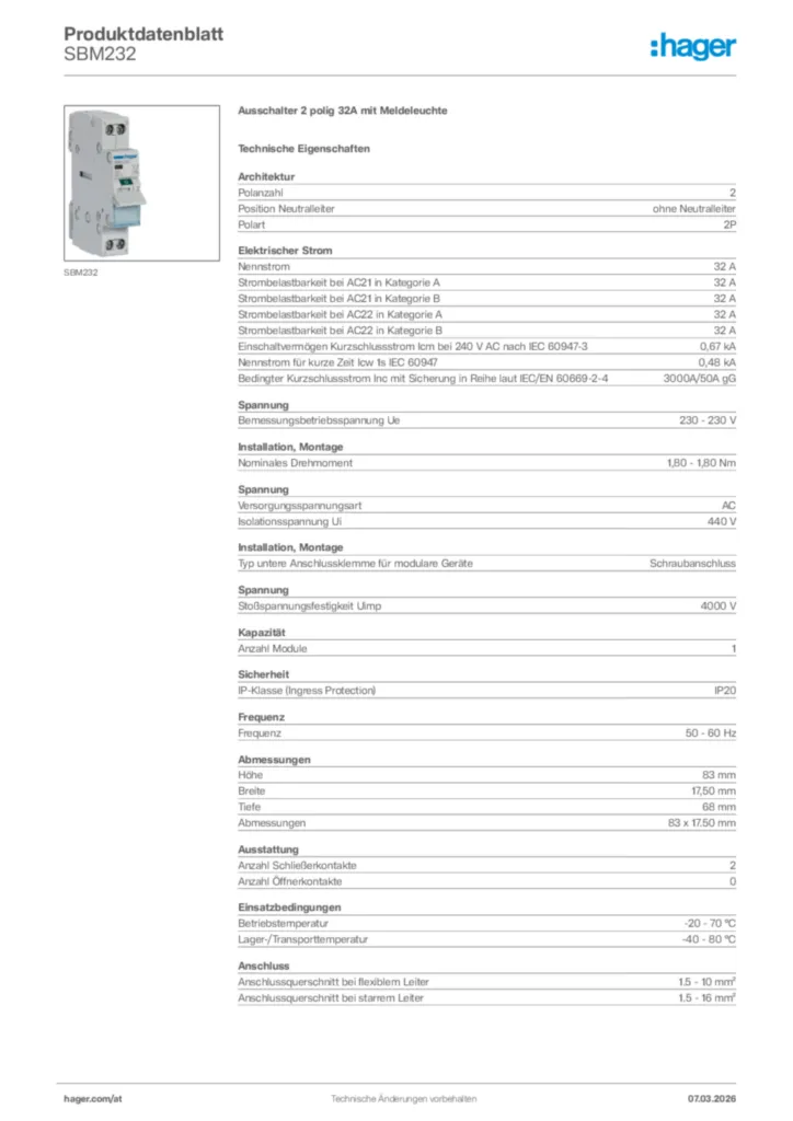 Bild Hager Produktdatenblatt SBM232 | Hager Deutschland