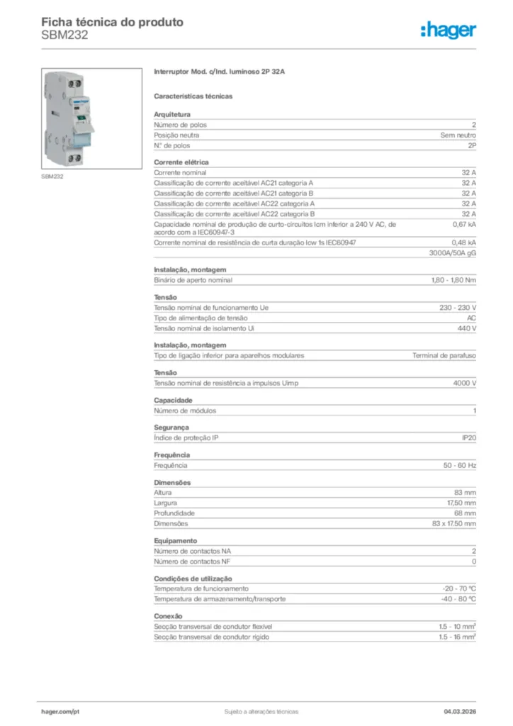 Imagem Hager Ficha técnica do produto SBM232 | Hager Portugal