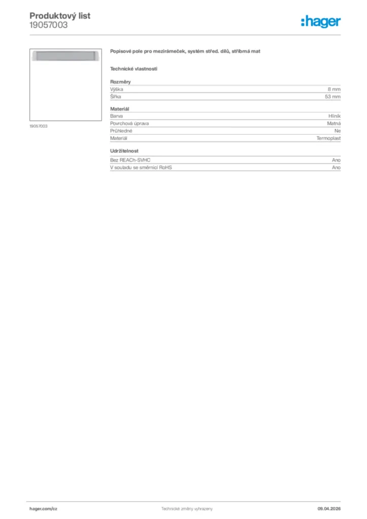 Obrázek Hager Product data sheet 19057003 | Hager