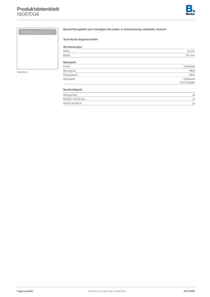Bild Berker Produktdatenblatt 19057004 | Hager Deutschland