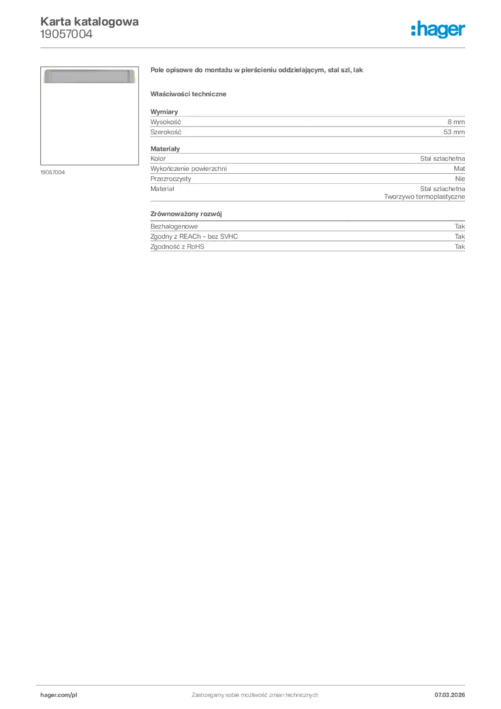Zdjęcie Hager Karta katalogowa 19057004 | Hager Polska