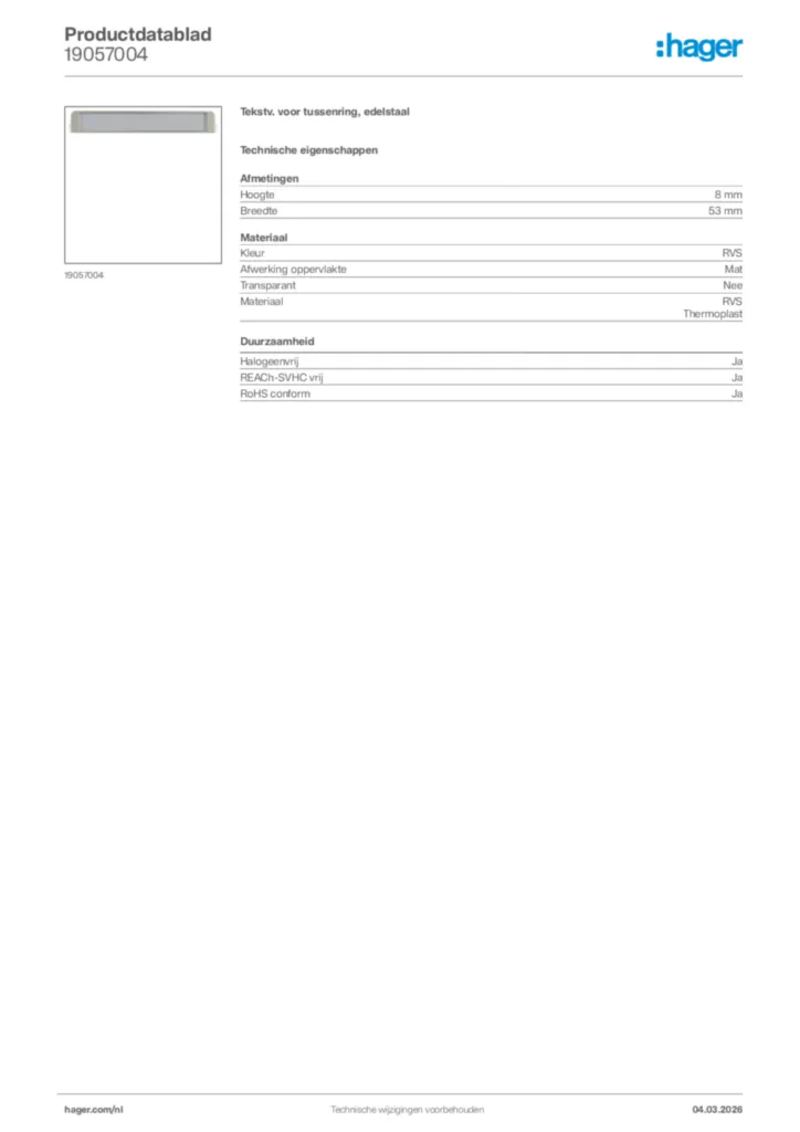 Afbeelding Hager Productdatablad 19057004 | Hager Nederland
