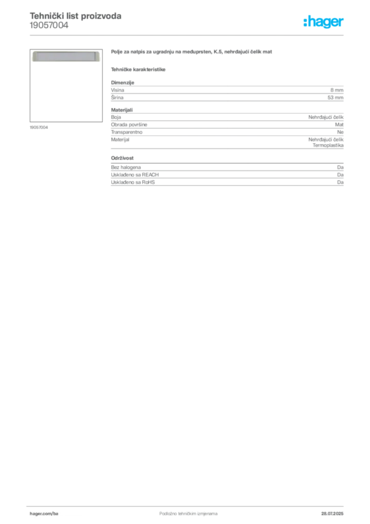 Slika Hager Product data sheet 19057004  | Hager