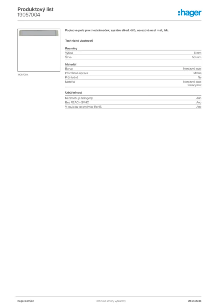 Obrázek Hager Product data sheet 19057004 | Hager
